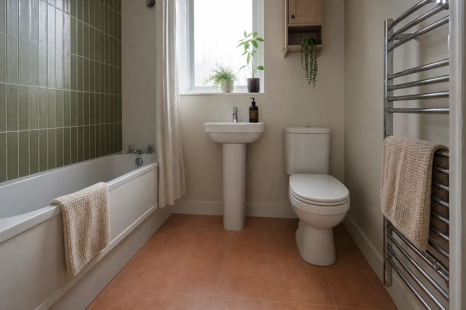 Salle de bain après pose d’un carrelage neuf terracotta et d’une frise olive