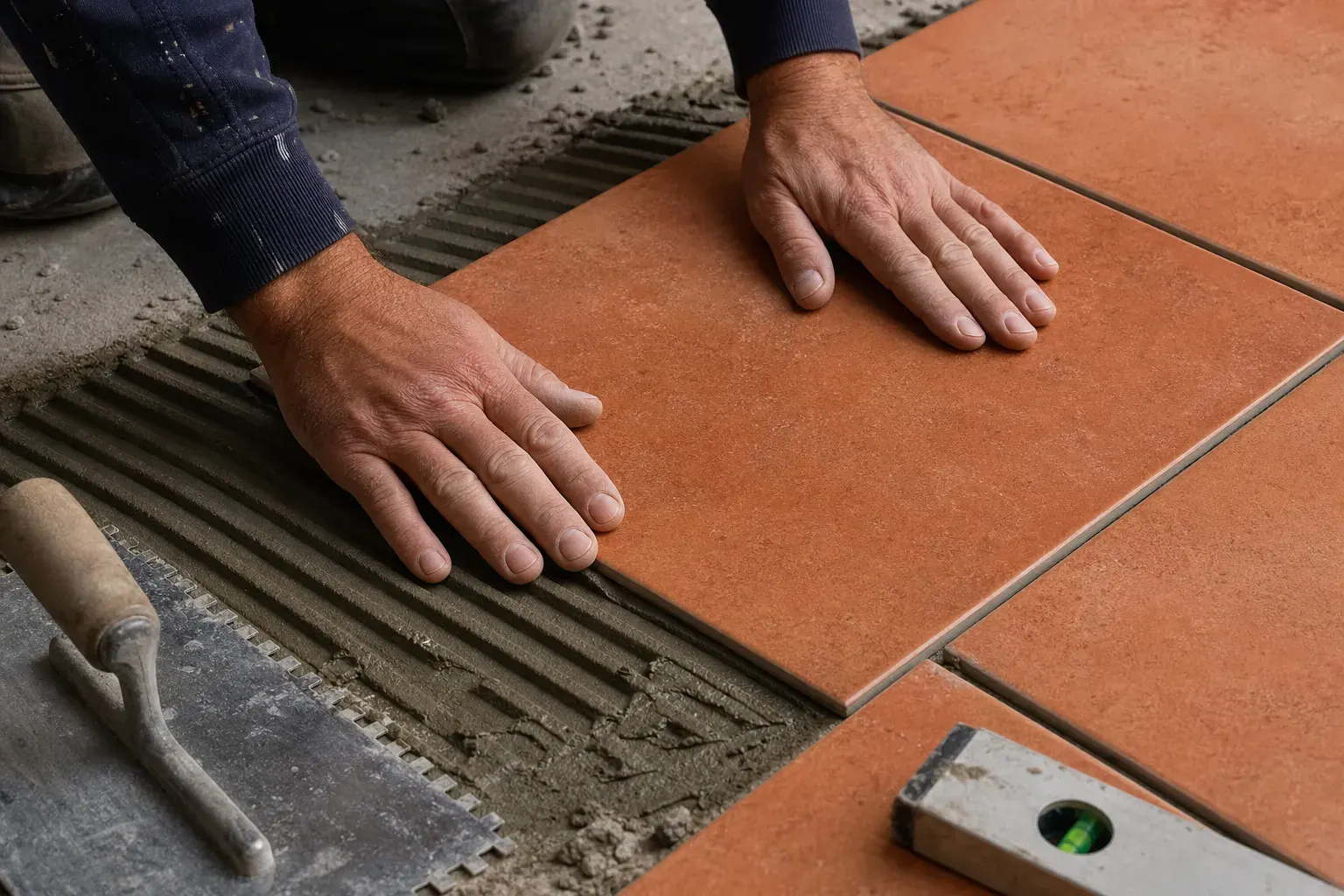Pose d’un carreau terre cuite de biais, mains du carreleur, truelle crantée visible