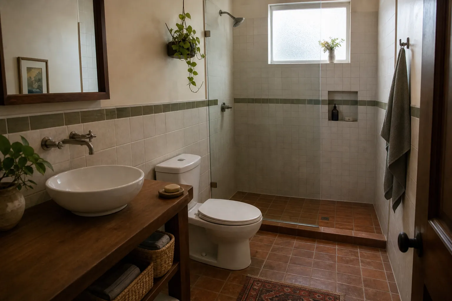Salle de bain carrelée terminée, sol terracotta et frise murale olive
